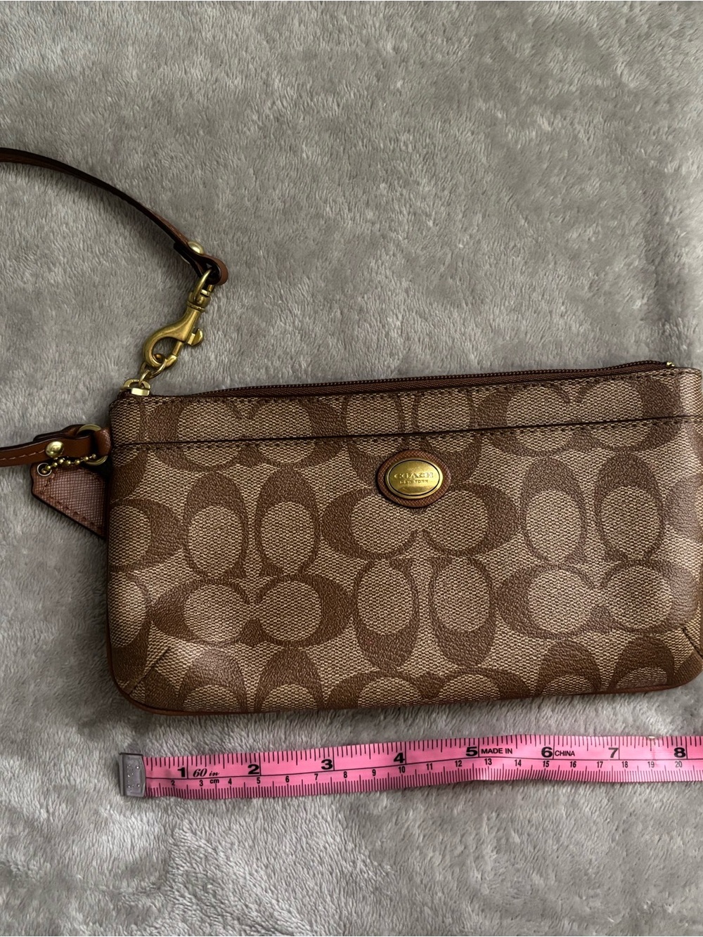 Coach Brown Signature Canvas Wristlet with Gold Hardware